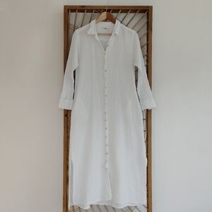 Natural Life Button Front Cotton Gauze Long Sleeve Cover Up Dress